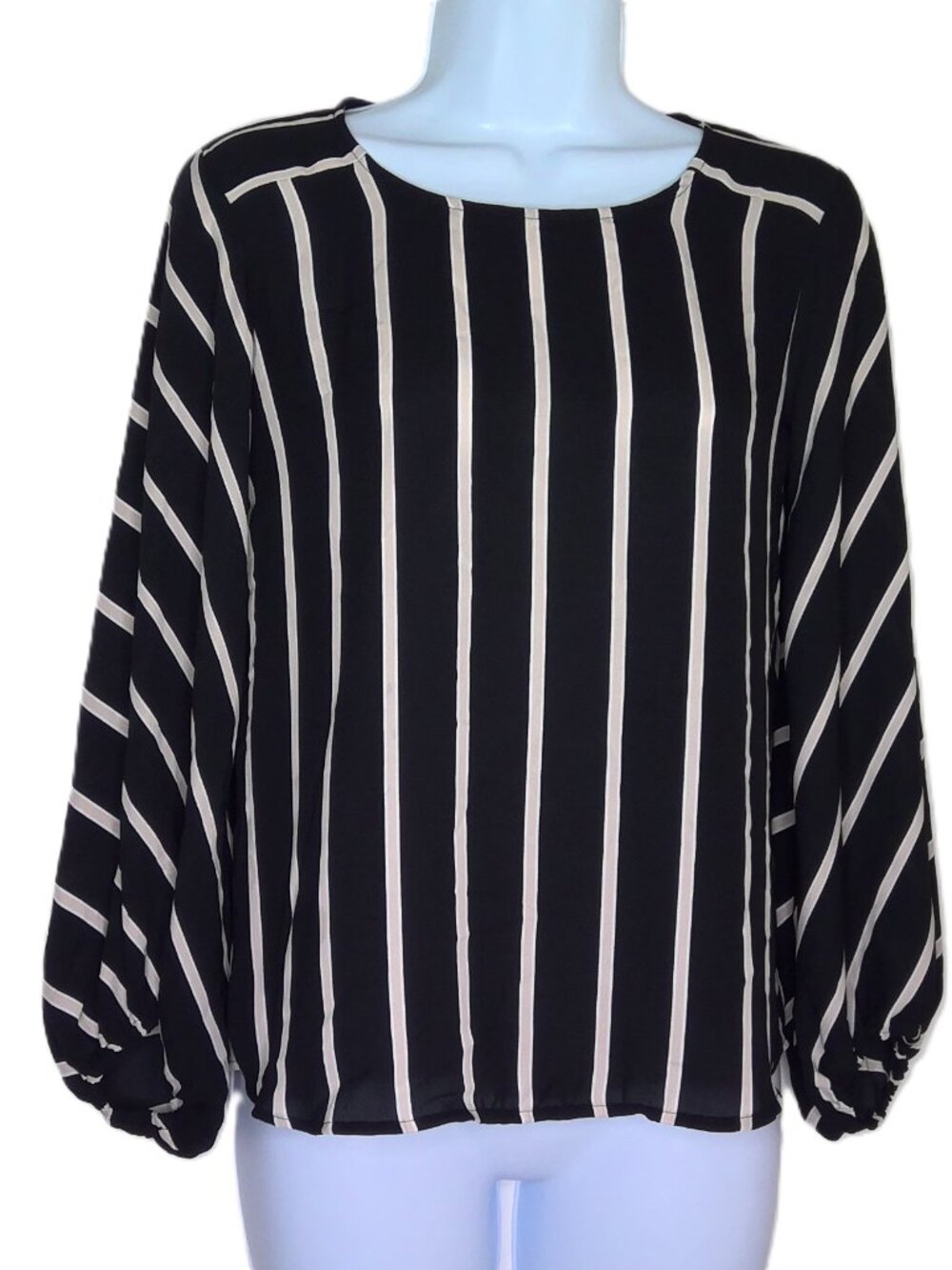 Loft Petite Flowy Top Black Cream & White Striped Career 3/4 Puff Sleeve Sz XXSP